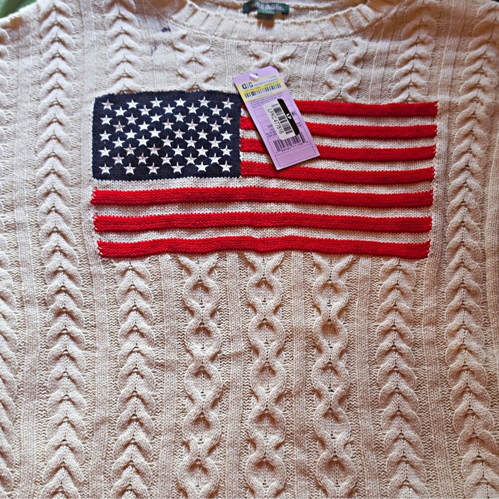 Wild Fable Women's M Cream Cable Knit Crewneck Pullover American Flag Sweater